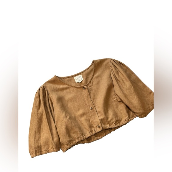 First Rite Caramel Brown Crop Blouse - Button Down - 100% Linen - Picture 5 of 7